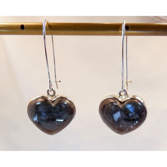 Natural Larvikite Black Moonstone Sterling Silver Earrings Heart Shaped Handmade - Picture 3 of 6
